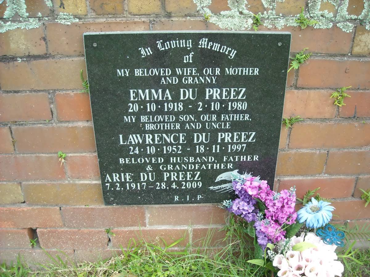 PREEZ Lawrence, du 1952-1997 :: DU PREEZ Arie 1917-2009 &amp; Emma 1918-1980