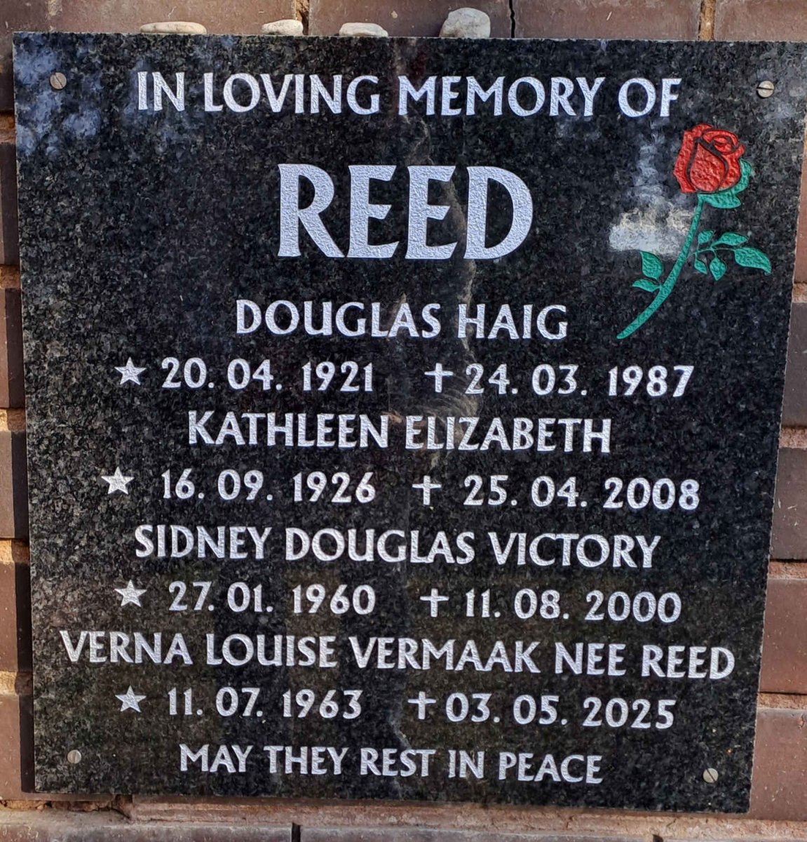 REED Douglas Haig 1921-1987 & Kathleen Elizabeth 1926-2008 :: REED Sidney Douglas Victory 1960-2000 :: VERMAAK Verna Louise nee REED 1963-2025