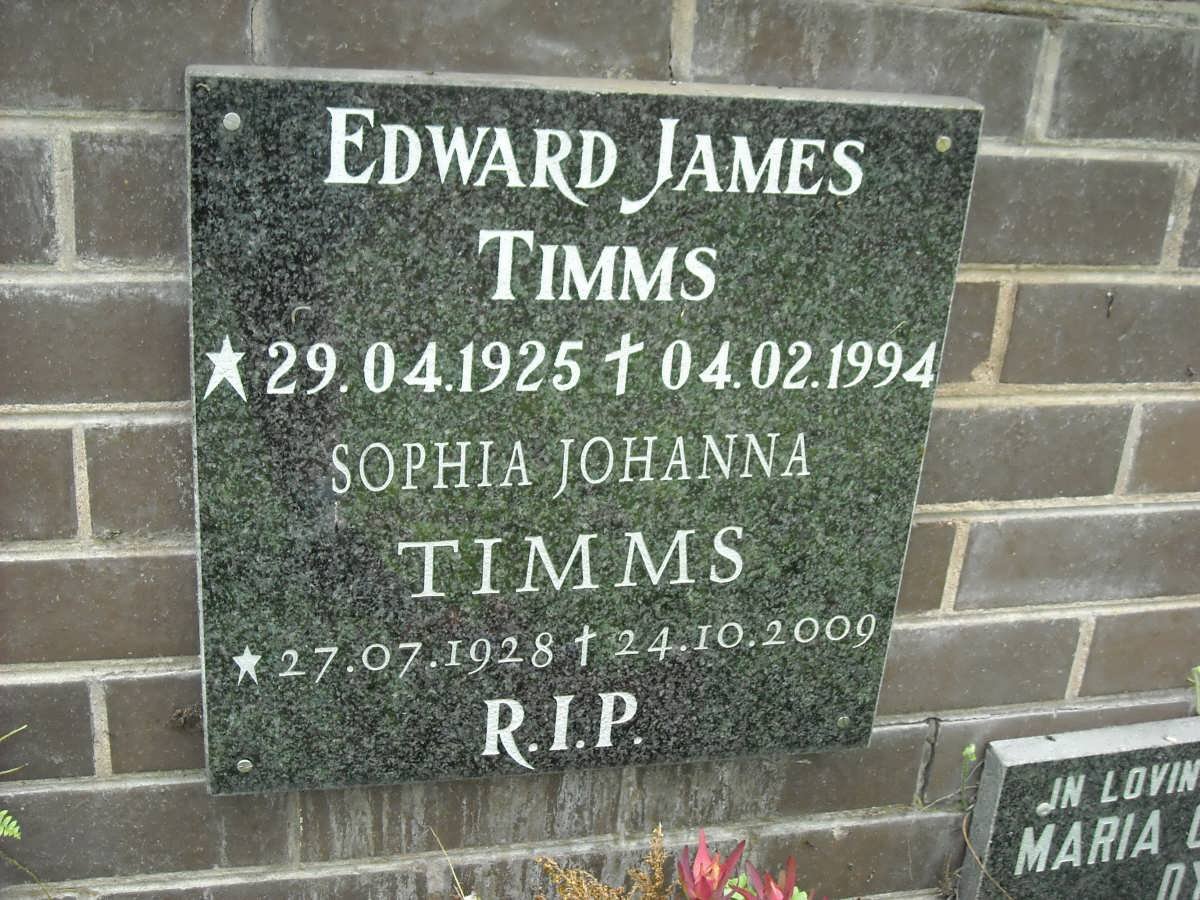 TIMMS Edward James 1925-1994 &amp; Sophia Johanna 1928-2009