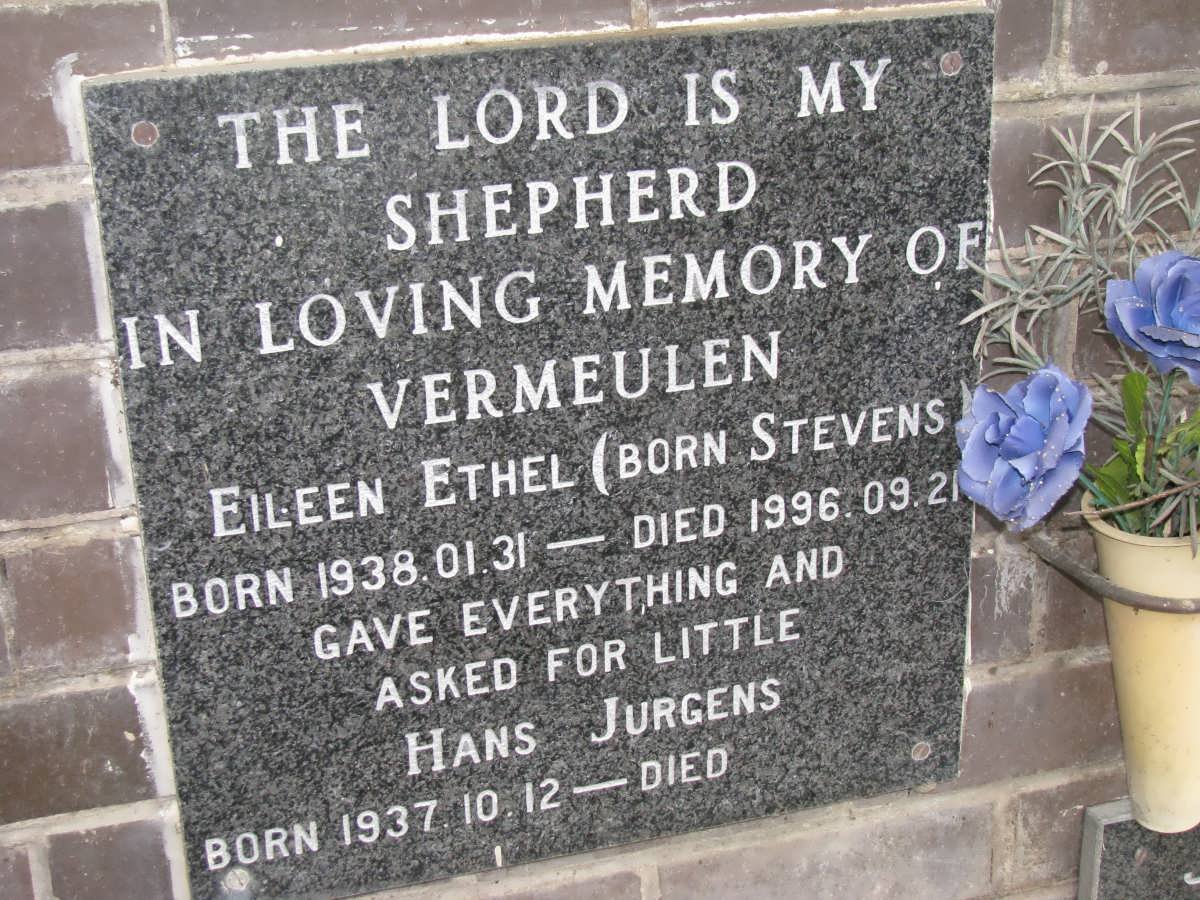 VERMEULEN Hans Jurgens 1937- &amp; Eileen Ethel STEVENS 1938-1996