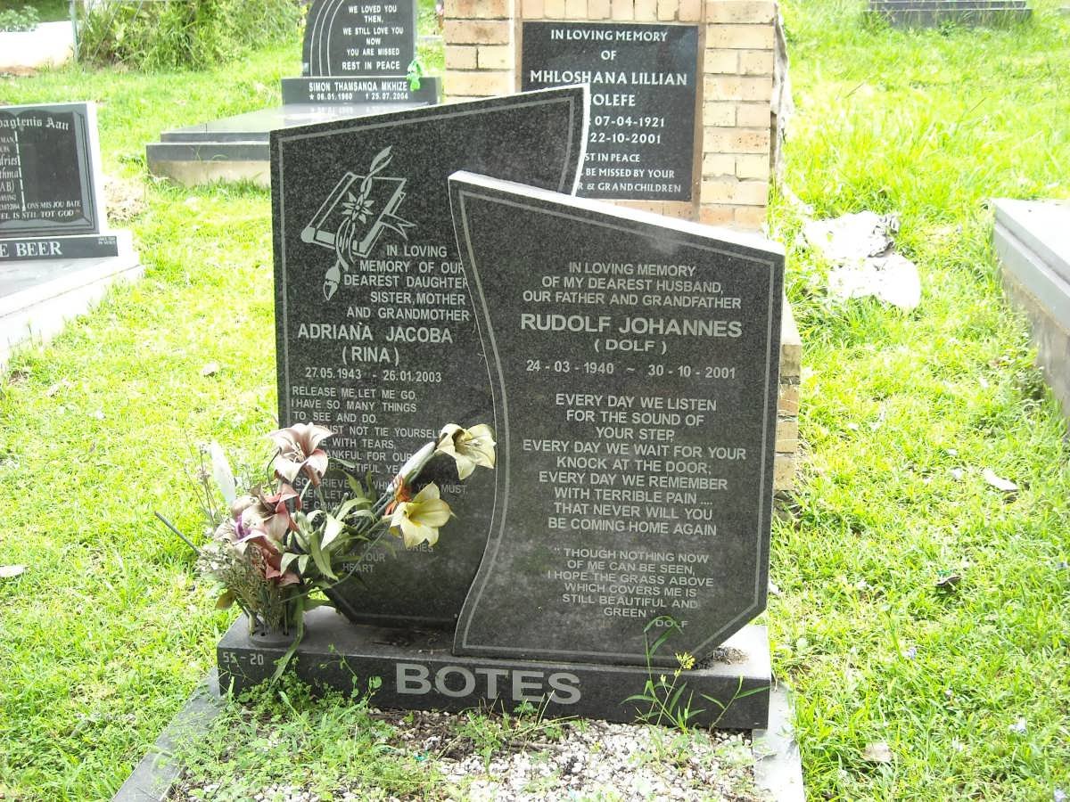 BOTES Rudolph Johannes 1940-2001 &amp; Adriana Jacoba 1943-2003