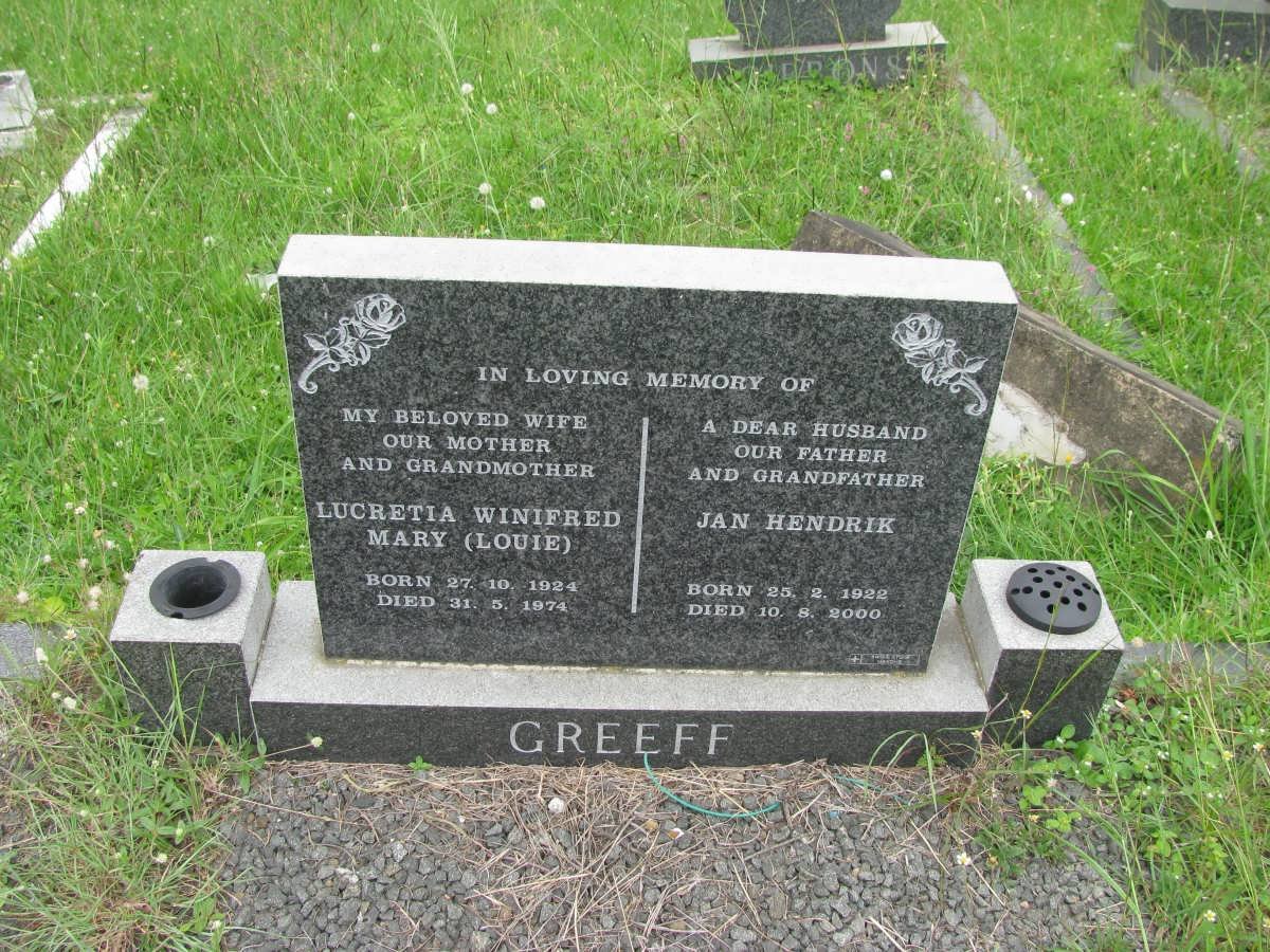 GREEFF Jan Hendrik 1922-2000 &amp; Lucretia Winifred Mary 1924-1974