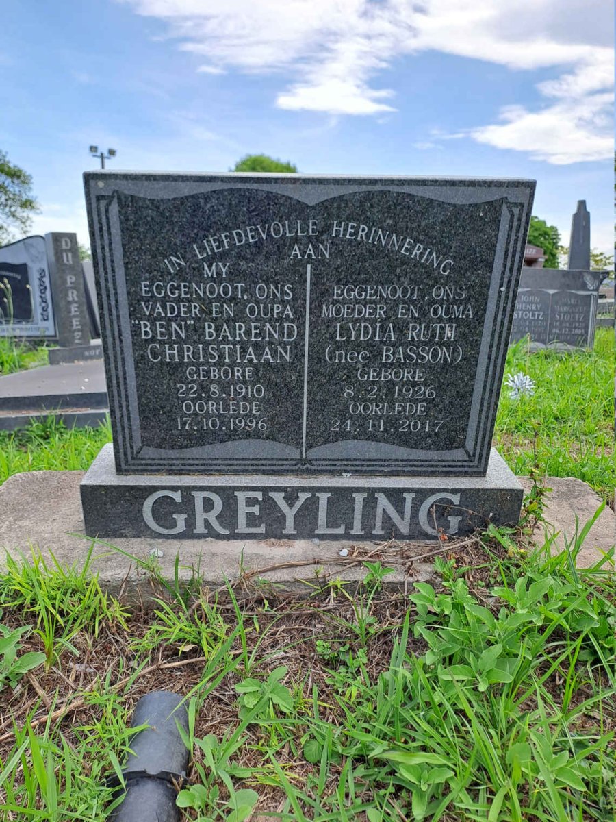GREYLING Barend Christiaan 1910-1996 & Lydia Ruth BASSON 1926-2017