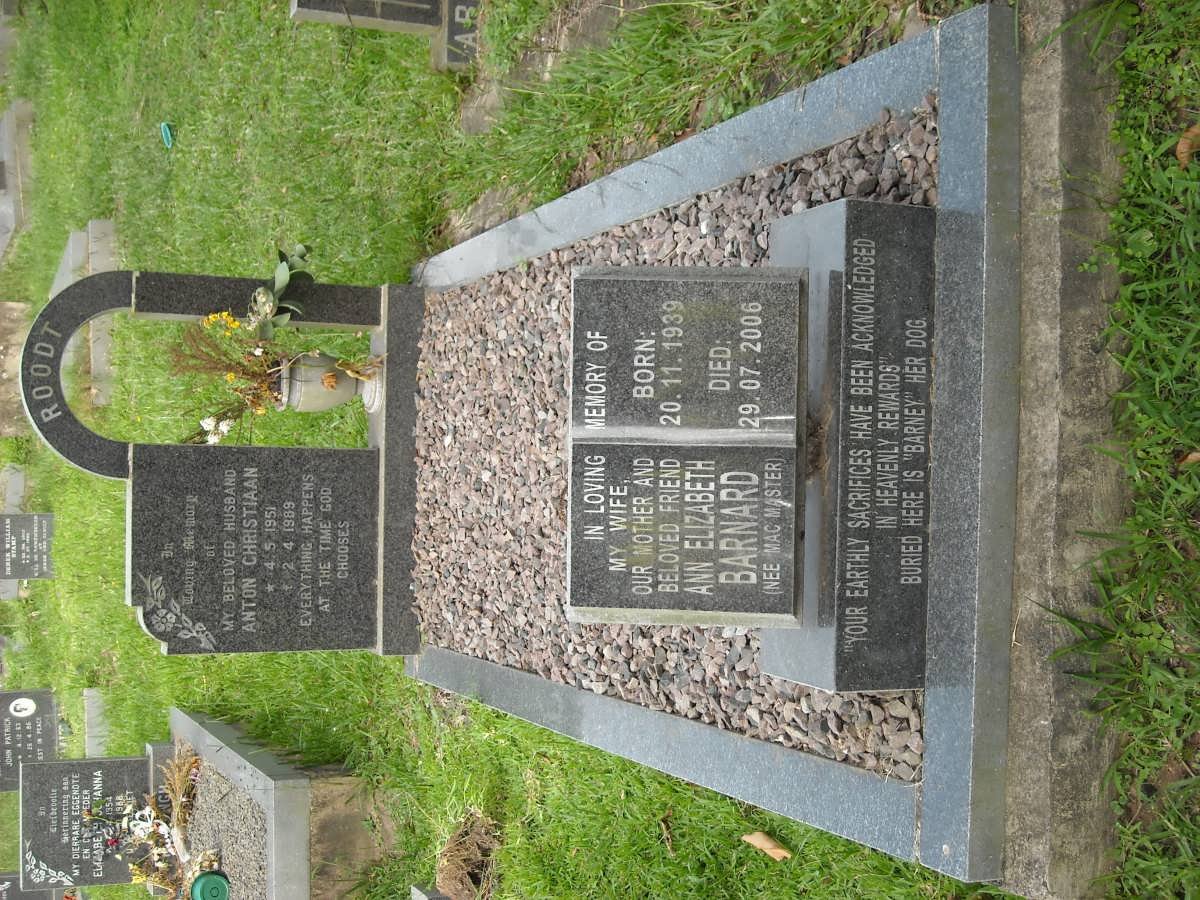 ROODT Anton Christiaan 1951-1989 :: BARNARD Ann Elizabeth nee McMASTER 1939-2006