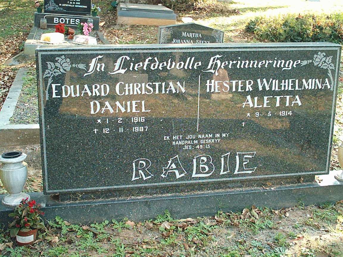 RABIE Eduard Christian Daniel 1916-1987 &amp; Hester Wilhelmina Aletta 1914-