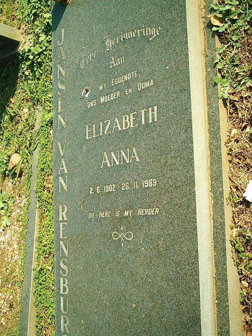 RENSBURG Elizabeth Anna, Jansen van 1902-1989