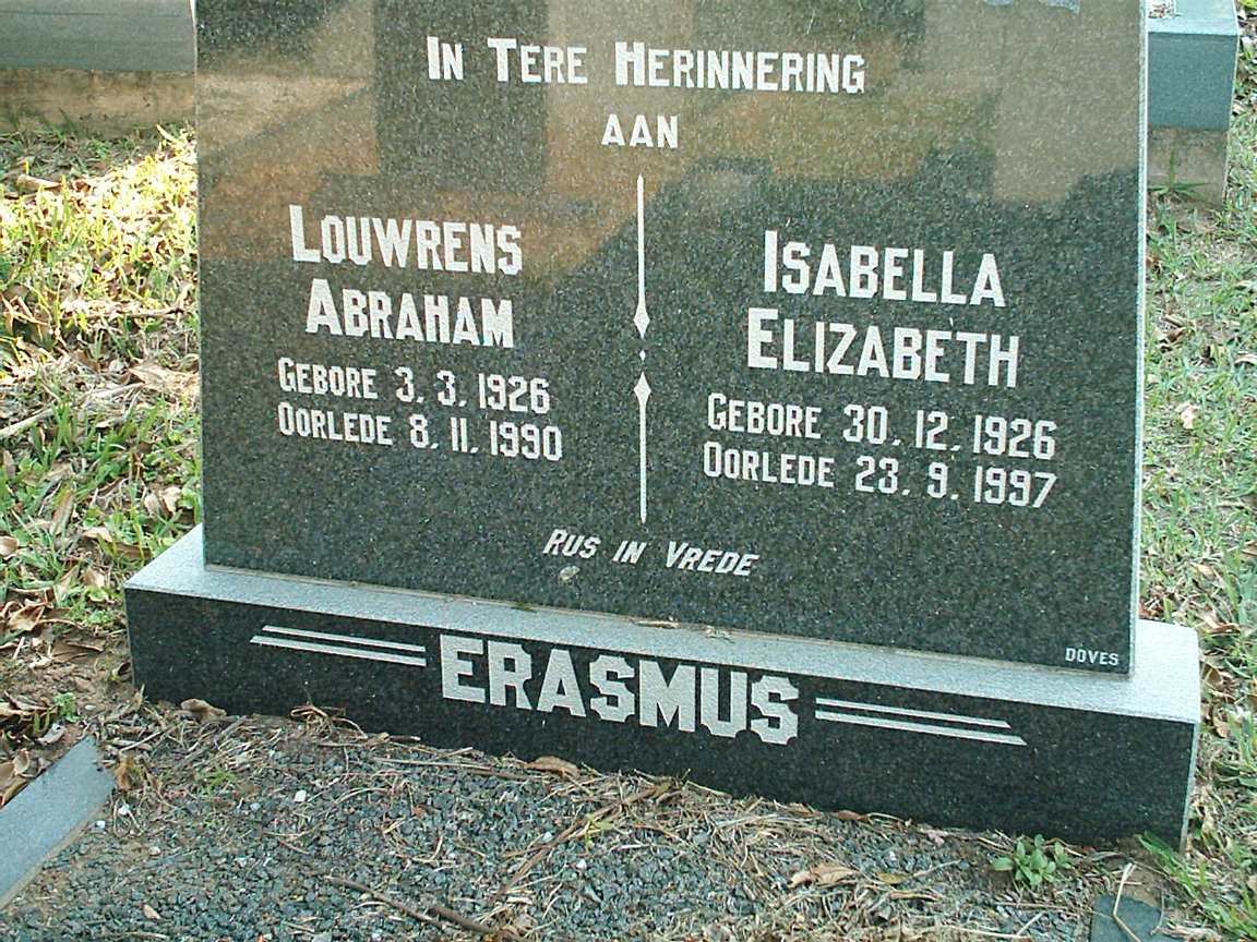 ERASMUS Louwrens Abraham 1926-1990 &amp; Isabella Elizabeth 1926-1997