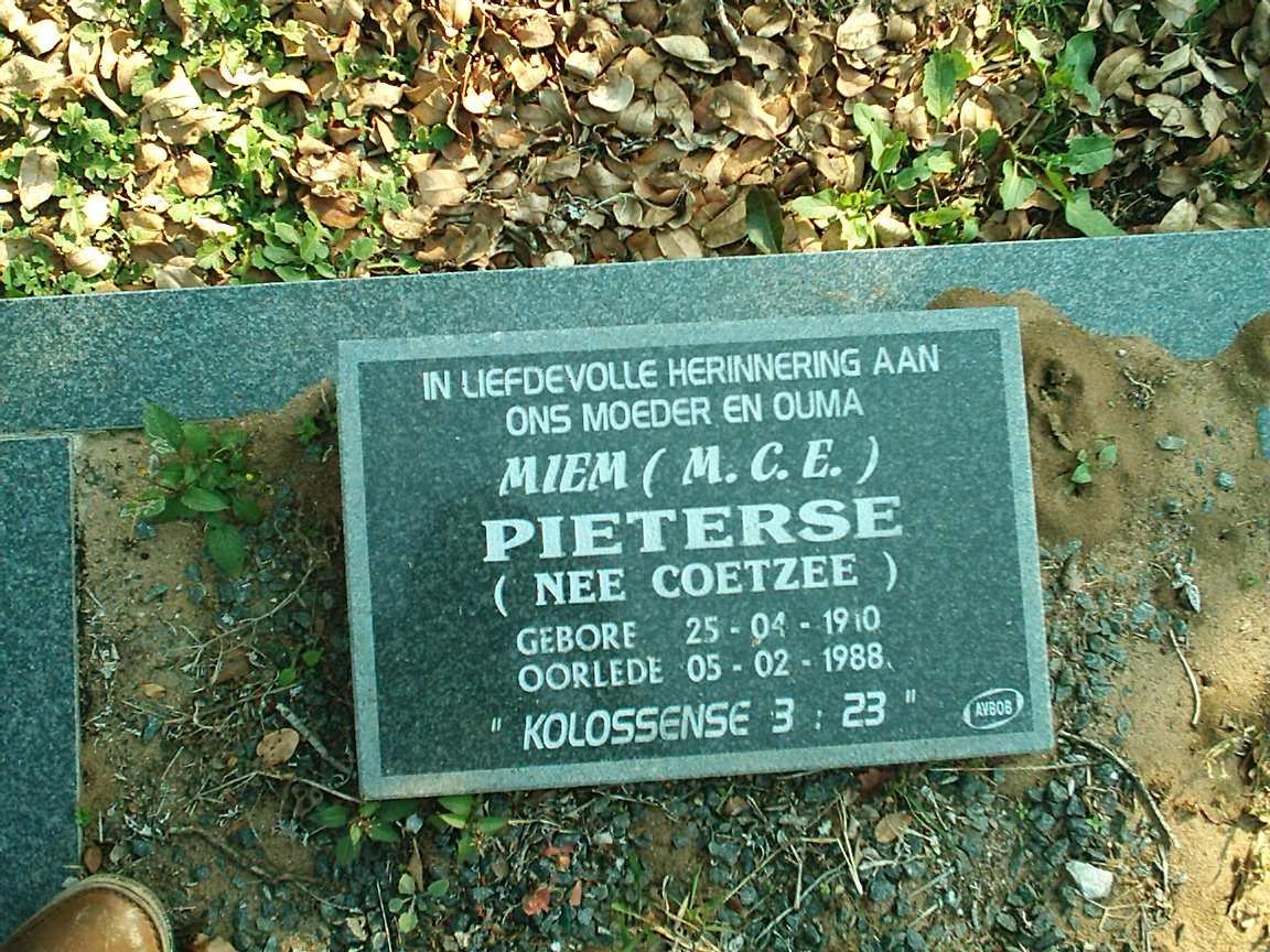 PIETERSE M.C.E. nee COETZEE 1910-1988