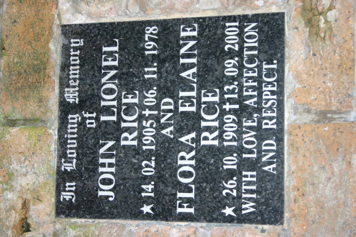 RICE John Lionel 1905-1978 &amp; Flora Elaine 1909-2001