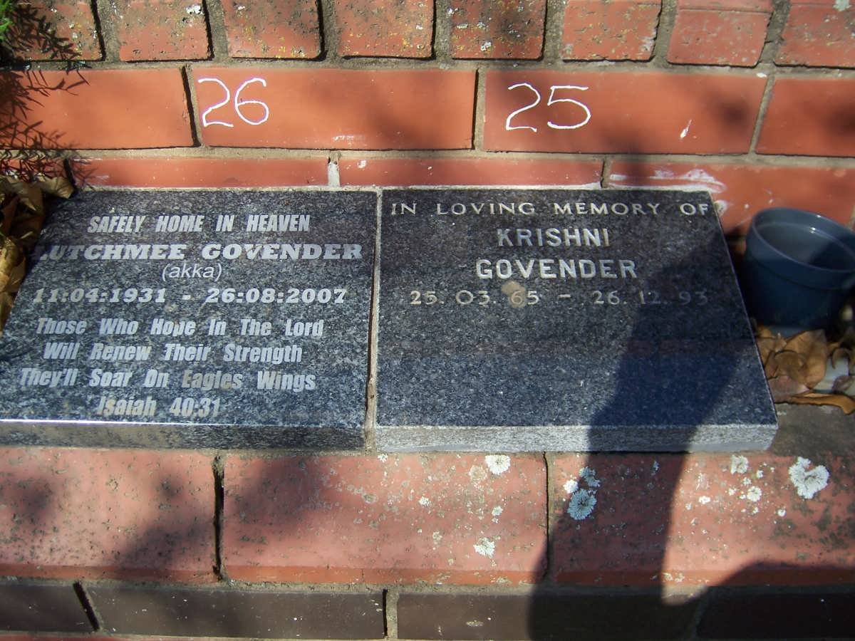 GOVENDER Lutchmee 1931-2007 &amp; GOVENDER Krishni 1965-1993