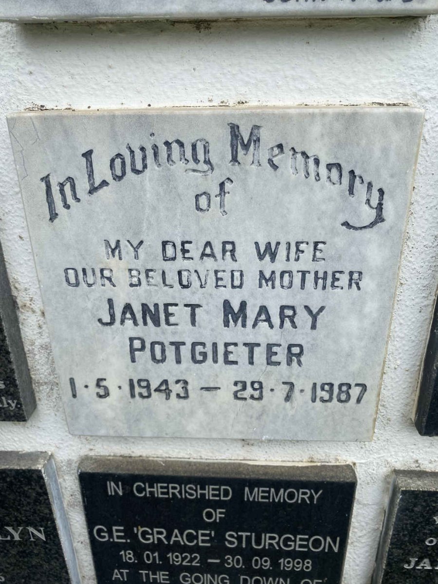 POTGIETER Janet Mary 1943-1987