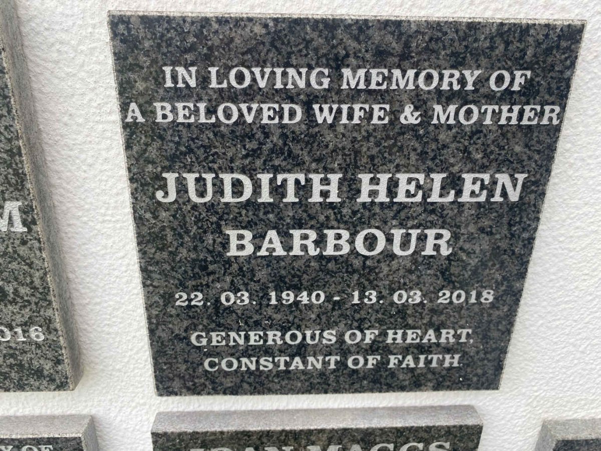 BARBOUR Judith Helen 1940-2018