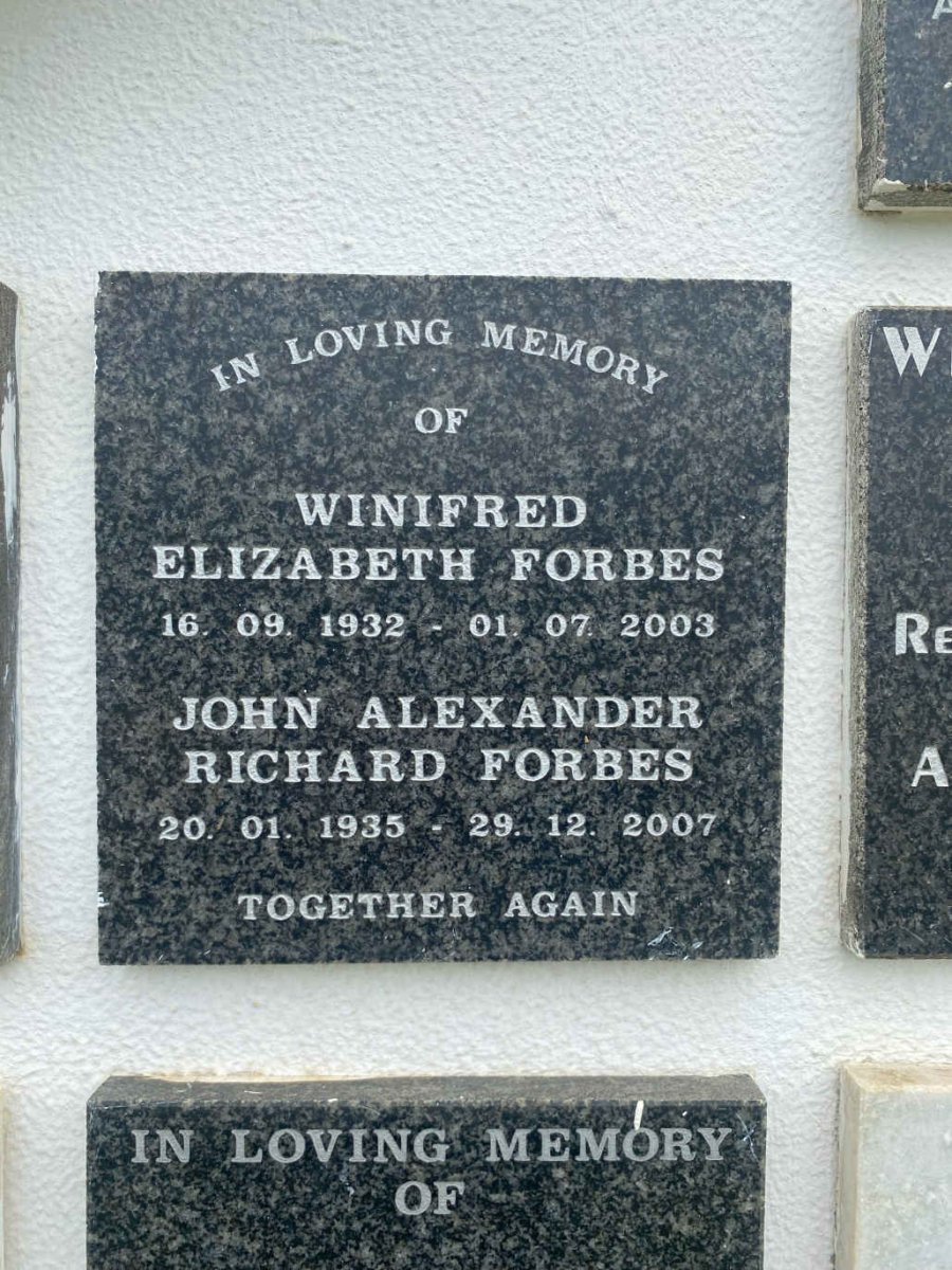 FORBES John Alexander Richard 1935-2007 & Winifred Elizabeth 1932-2003
