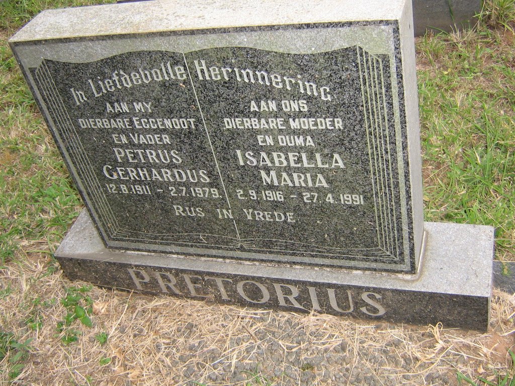 PRETORIUS Petrus Gerhardus 1911-1979 &amp; Isabella Maria 1916-1991