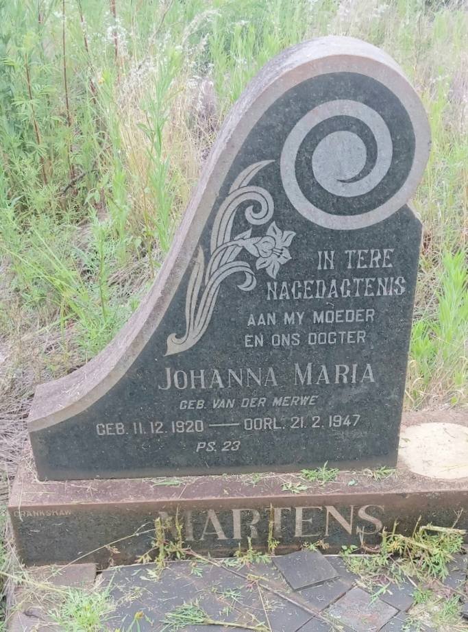 MARTENS Johanna Maria nee VAN DER MERWE 1920-1947