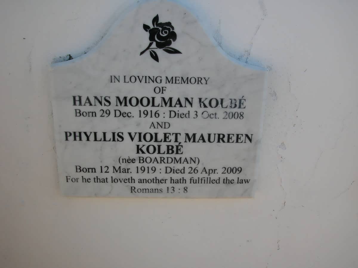 KOLBE Hans Moolman 1916-2008 &amp; Phyllis Violet Maureen BOARDMAN 1919-2009