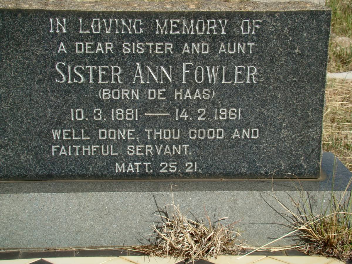 FOWLER Ann nee DE HAAS 1881-1961