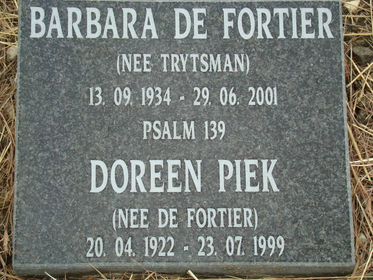 FORTIER Barbara, de nee TRYTSMAN 1934-2001 :: PIEK Doreen nee DE FORTIER 1922-1999