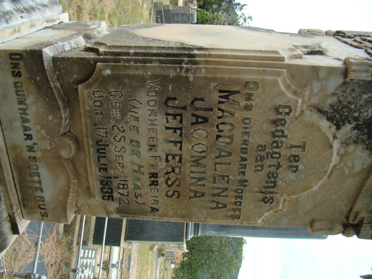 JEFFERSS Magdalena Jacomina formerly FERREIRA nee DE HAAS 1872-1935