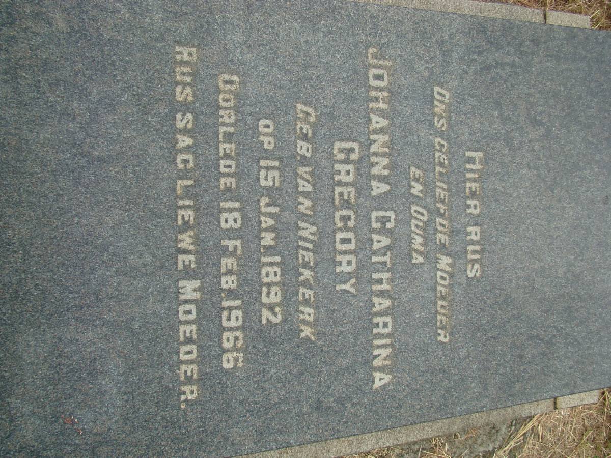 GREGORY Johanna Catharina nee VAN NIEKERK 1892-1966