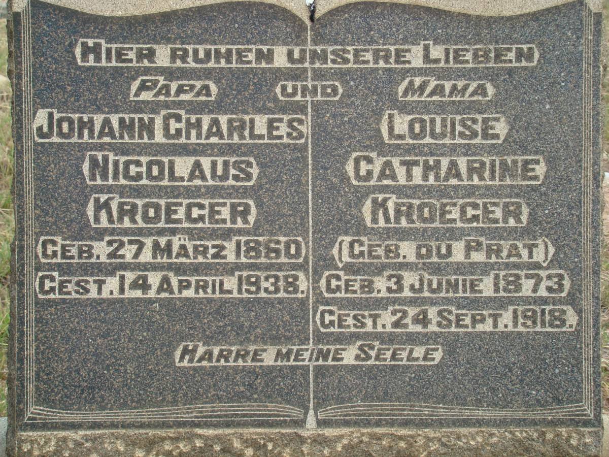 KROEGER Johann Charles Nicolaus 1860-1938 &amp; Louise Catharine DU PRAT 1873-1918