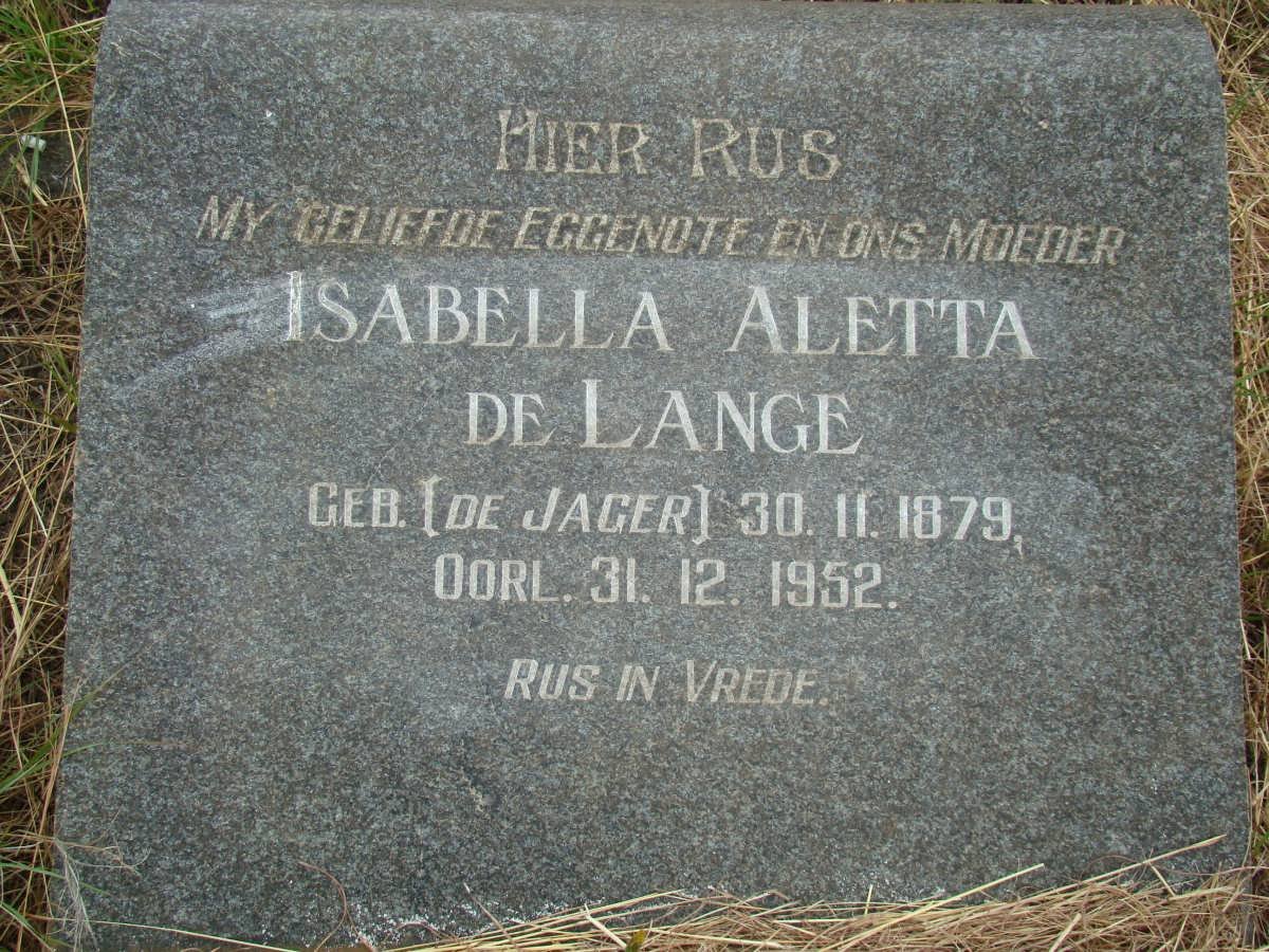 LANGE Isabella Aletta, de nee DE JAGER 1879-1952