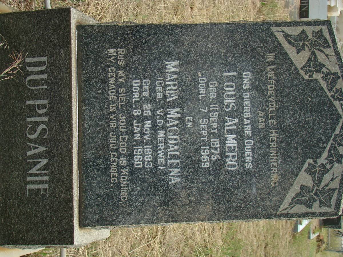 PISANIE Louis Almero, du 1875-1959 &amp; Maria Magdalena VAN DER MERWE 1883-1960
