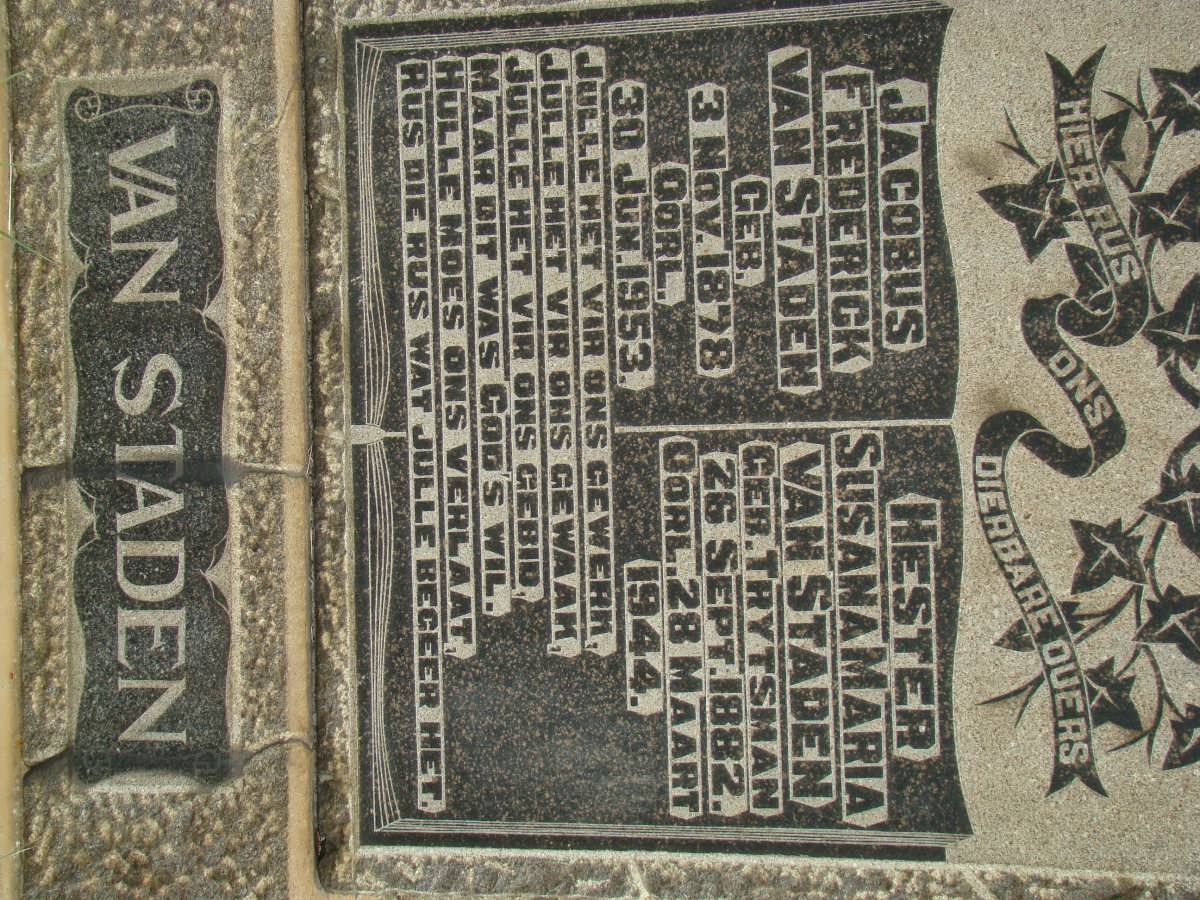STADEN Jacobus Frederick, van 1878-1953 &amp; Hester Susana Maria TRYTSMAN 1882-1944