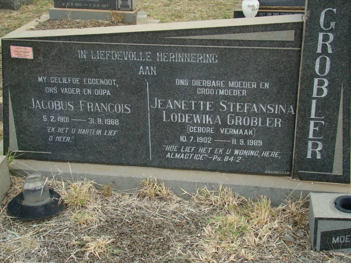 GROBLER Jacobus Francois 1901-1968 &amp; Jeanette Stefansina Lodewika VERMAAK 1902-1989