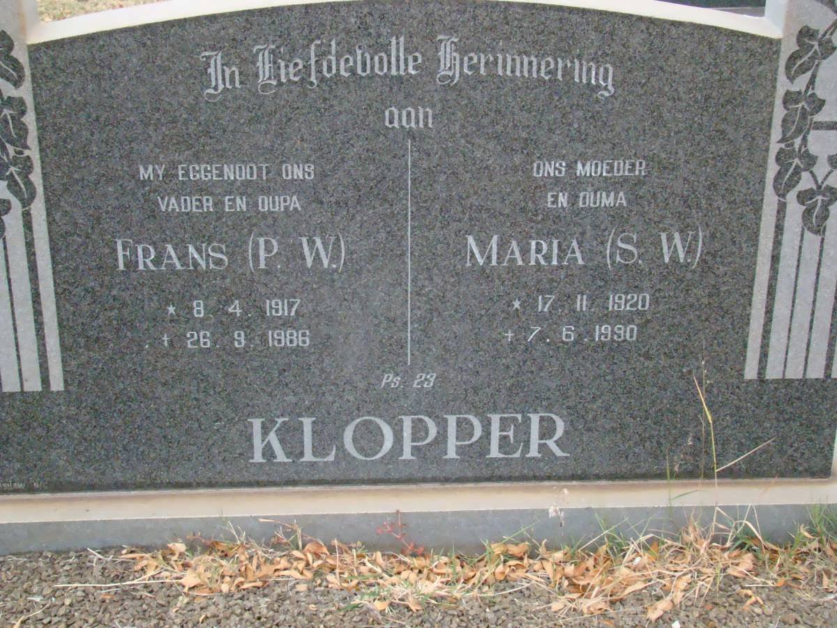 KLOPPER Frans P.W. 1917-1986 &amp; Maria S.W. 1920-1990