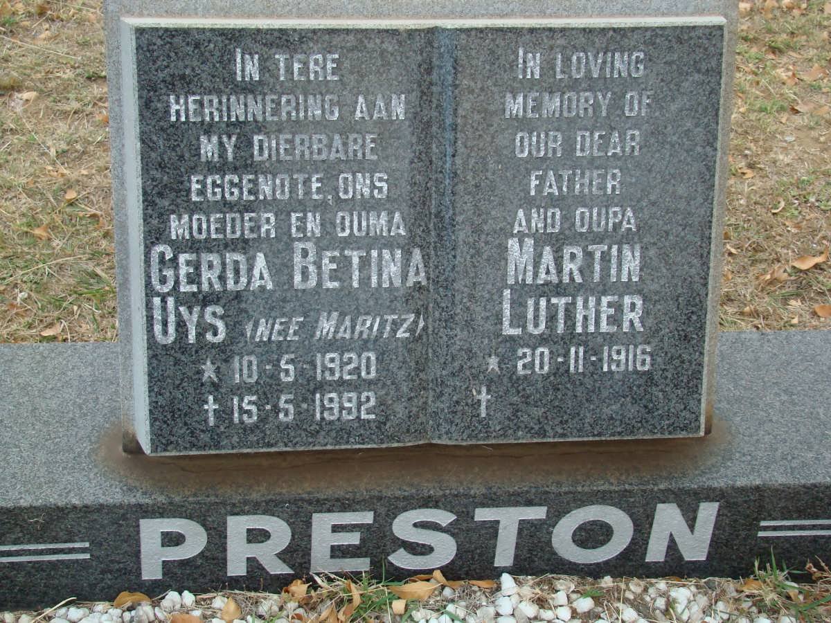 PRESTON Martin Luther 1916- &amp; Gerda Betina Uys MARITZ 1920-1992