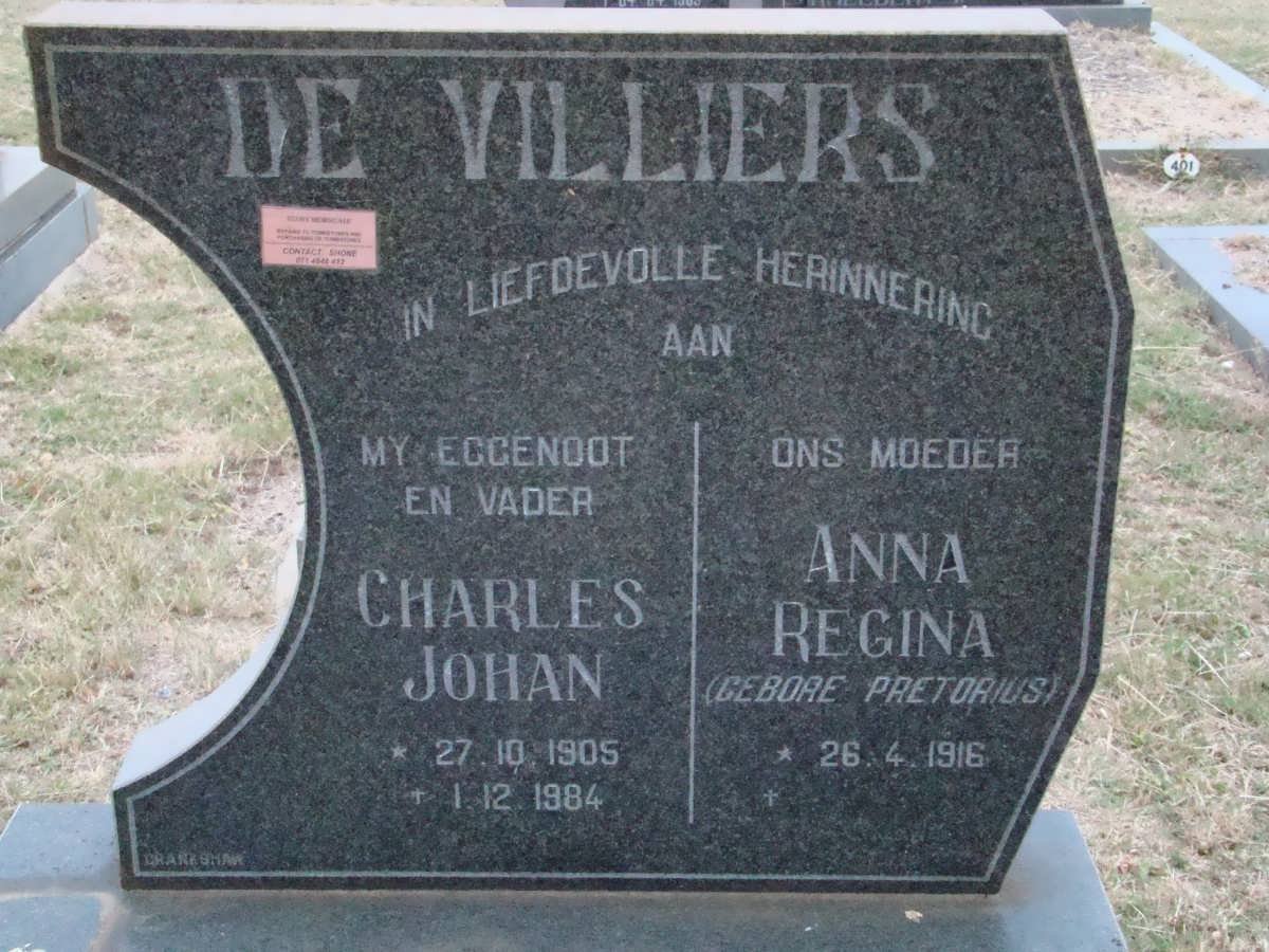 VILLIERS Charles Johan, de 1905-1984 &amp; Anna Regina PRETORIUS 1916-