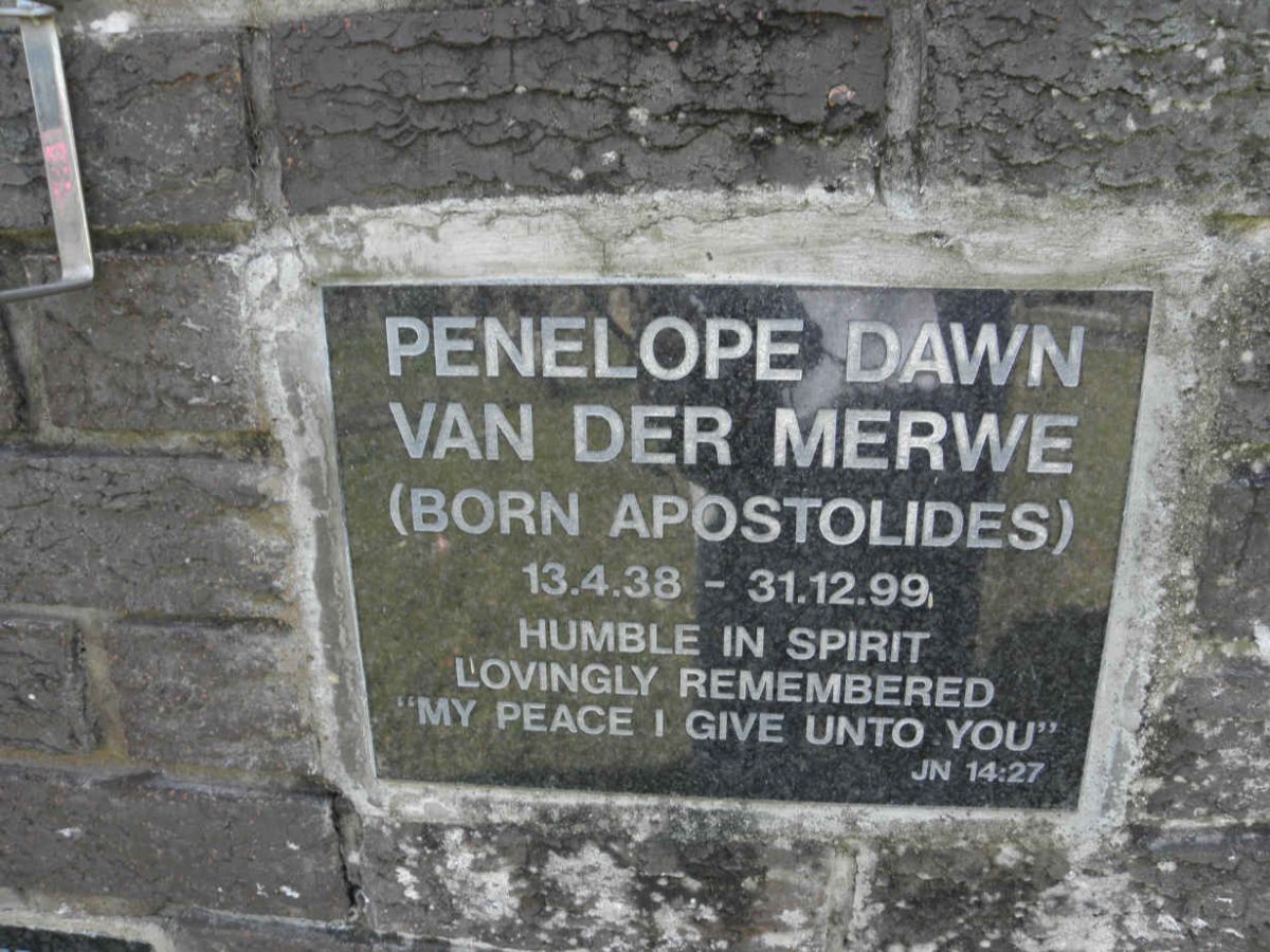 MERWE Penelope Dawn, van der nee APOSTOLIDES 1938-1999