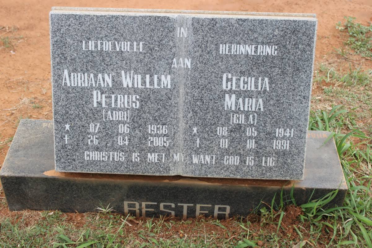 BESTER Adriaan Willem Petrus 1936-2005 &amp; Cecilia Maria 1941-1991