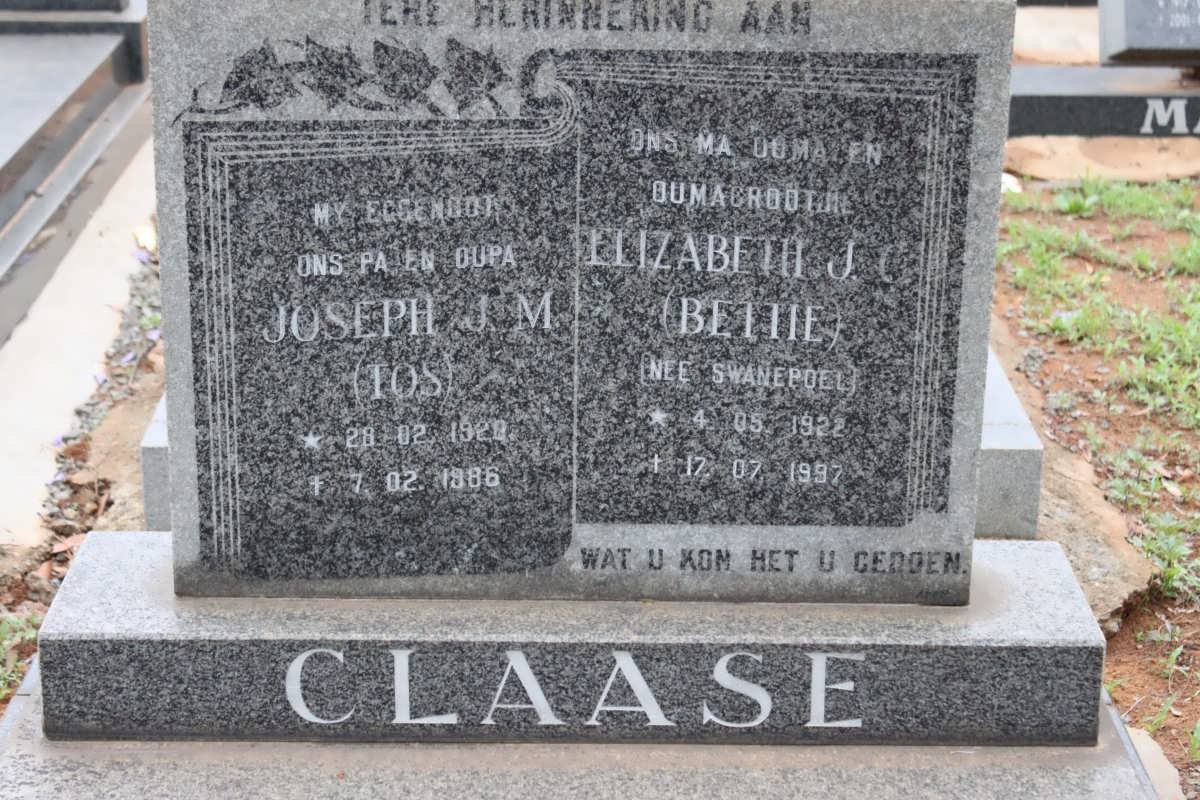 CLAASE Joseph J.M. 1928-1986 &amp; Elizabeth J.C. SWANEPOEL 1922-1997