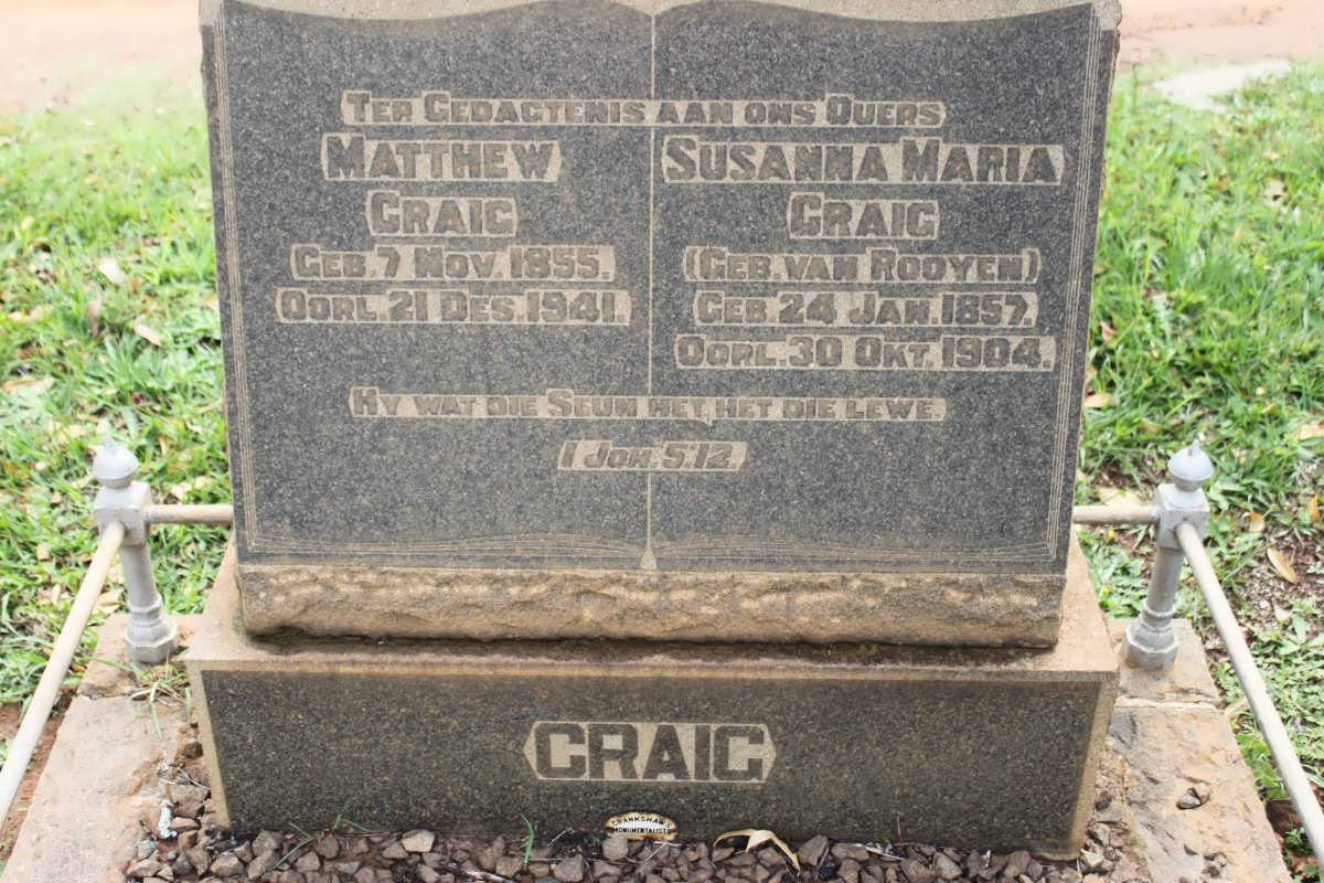 CRAIG Matthew 1855-1941 &amp; Susanna Maria VAN ROOYEN 1857-1904