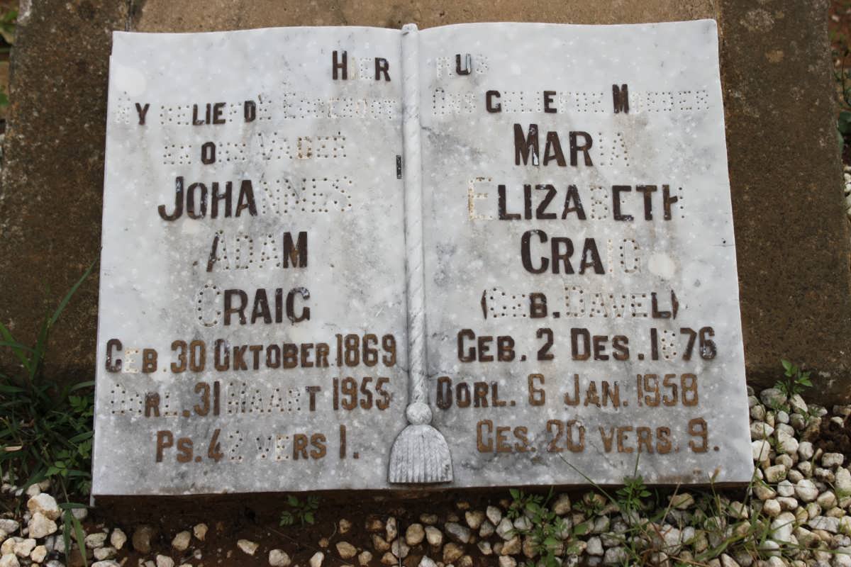 CRAIG Johannes Adam 1869-1955 &amp; Maria Elizabeth DAVEL 1876-1958