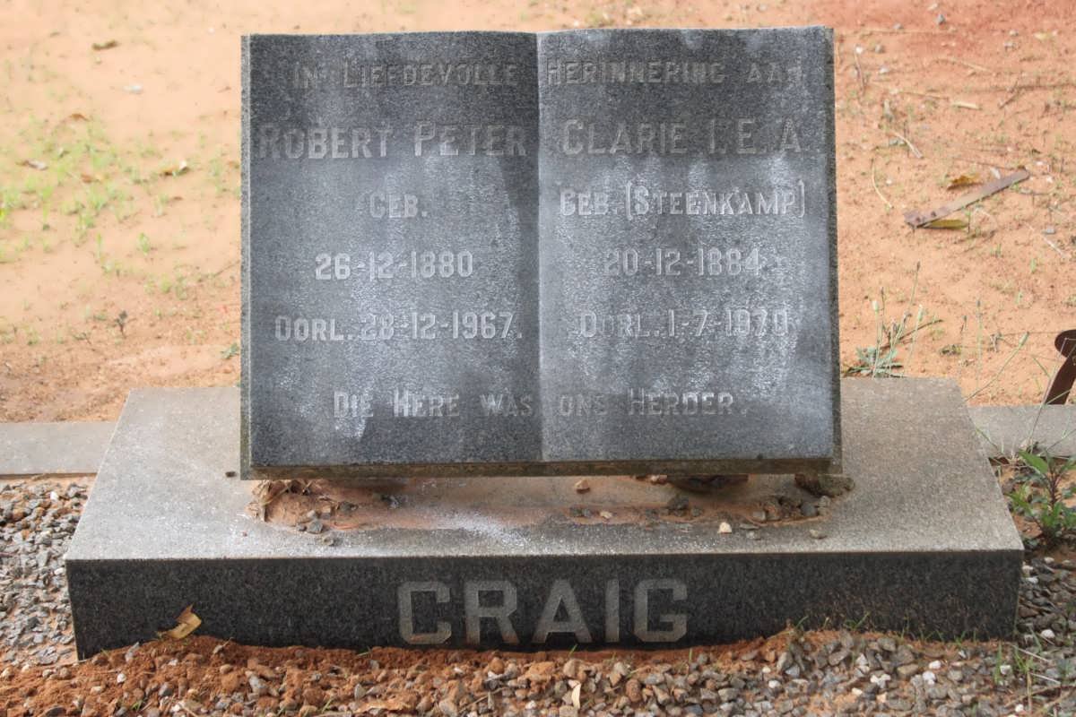 CRAIG Robert Peter 1880-1967 &amp; Clarie I.E.A. STEENKAMP 1884-1970
