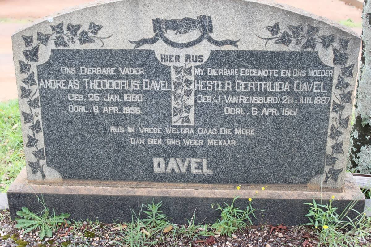 DAVEL Andries Theodorus 1880-1955 &amp; Hester Gertruida  J. VAN RENSBURG1887-1951