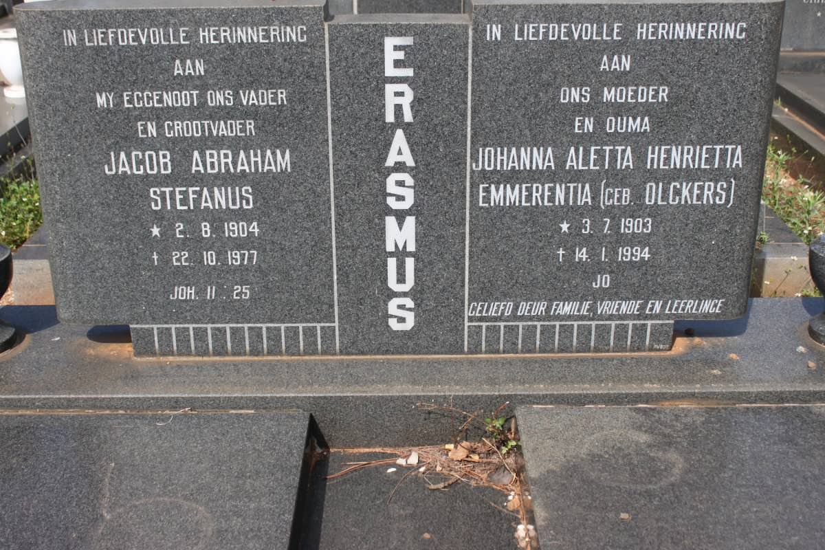 ERASMUS Jacob Abraham Stefanus 1904-1977 Johanna Aletta Henrietta Emmerentia OLCKERS 1903-1994