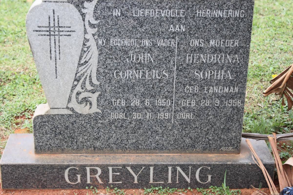 GREYLING John Cornelius 1950-1991 &amp; Hendrina Sophia LANDMAN 1958-
