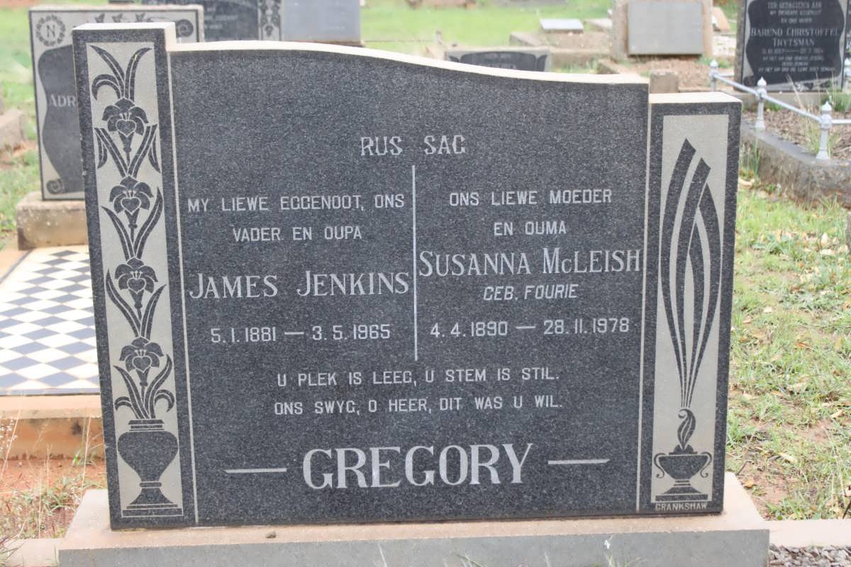 GREGORY James Jenkins 1881-1965 &amp; Susanna McLeish FOURIE 1890-1978