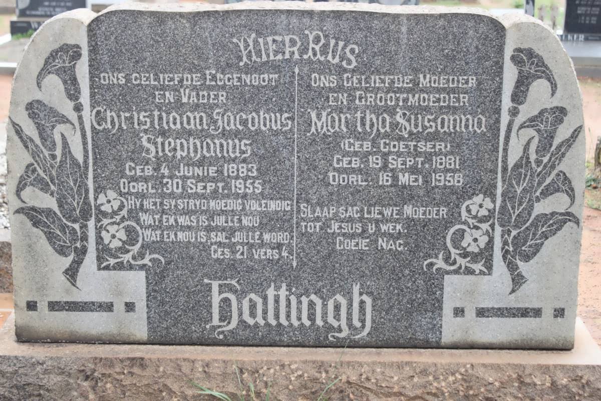HATTINGH Christiaan Jacobus Stephanus 1883-1955 &amp; Martha Susanna COETSER 1881-1958