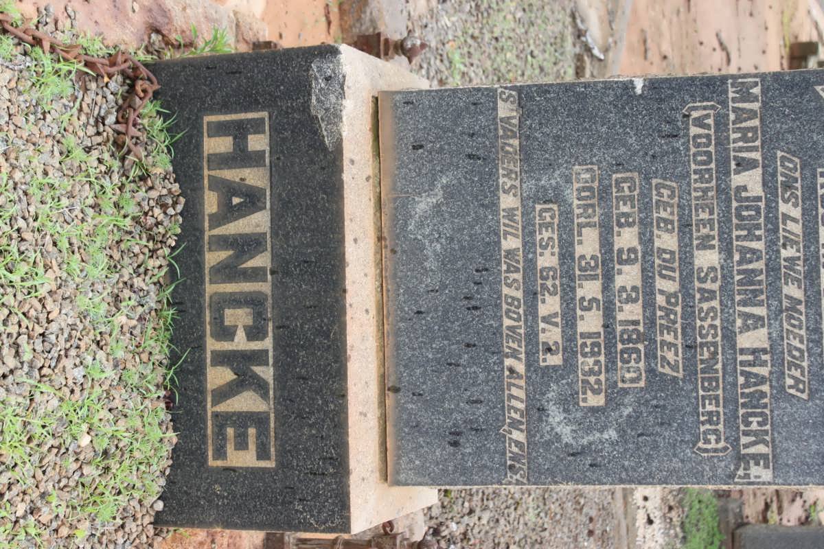 HANCKE Maria Johanna, formely SASSENBERG nee DU PREEZ 1860-1932