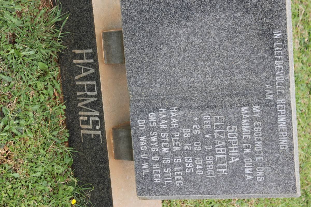 HARMSE Sophia Elizabeth nee V.D. BERG 1940-1995