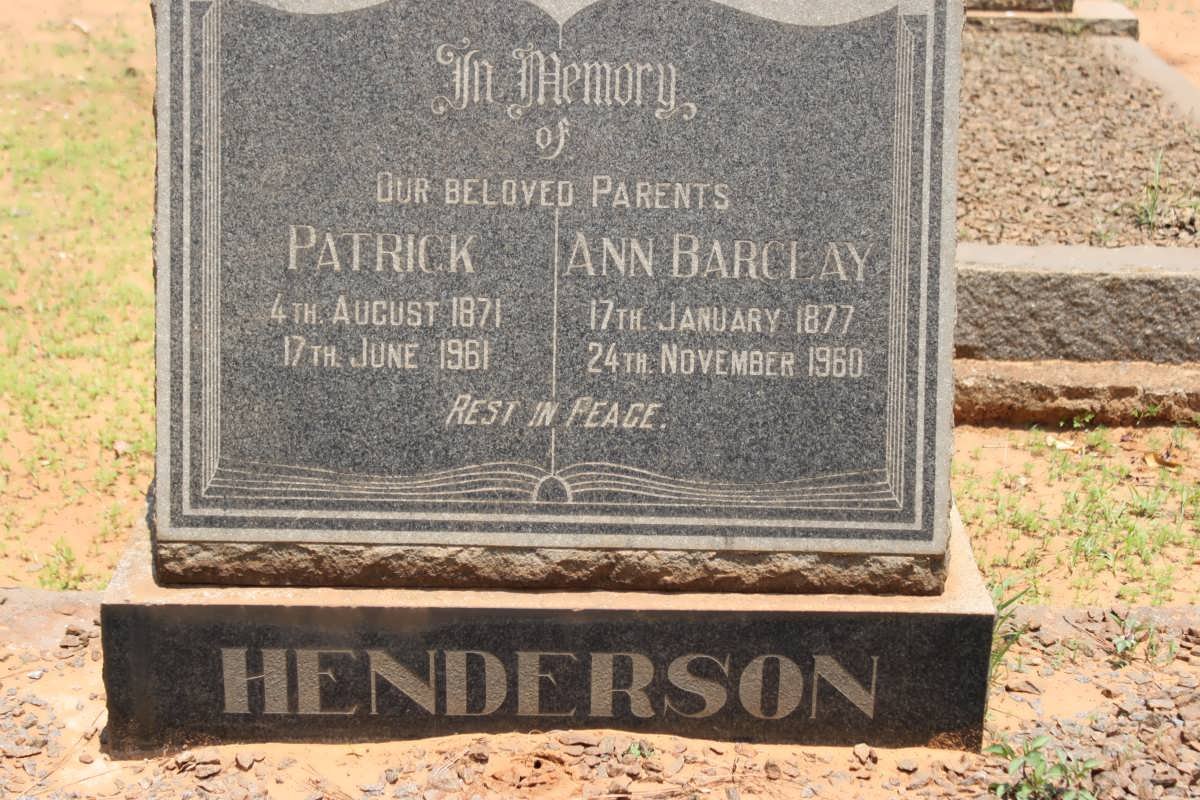 HENDERSON Patrick 1871-1961 &amp; Ann Barclay 1877-1960