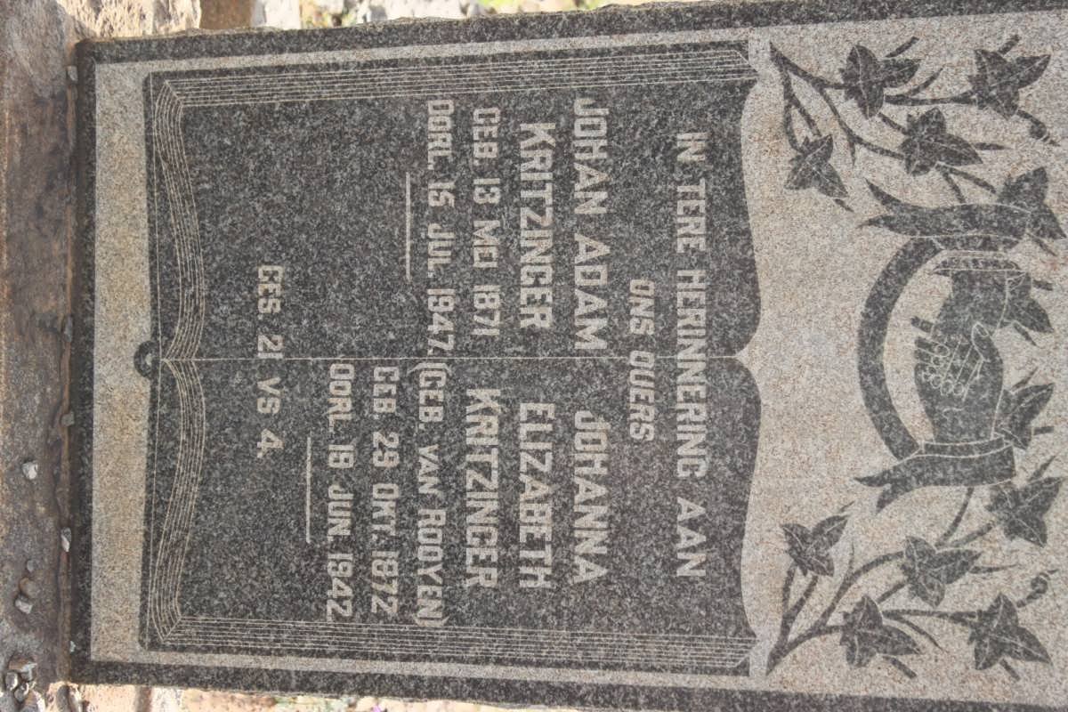 KRITZINGER Johan Adam 1871-1947 &amp; Johanna Elizabeth VAN ROOYEN 1872-1942