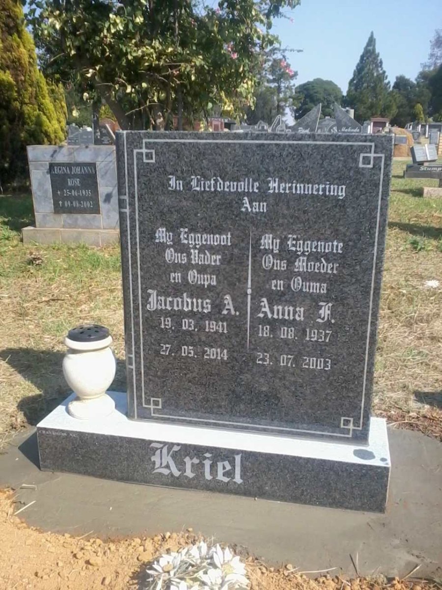 KRIEL Jacobus A. 1941-2014 &amp; Anna F. 1937-2003