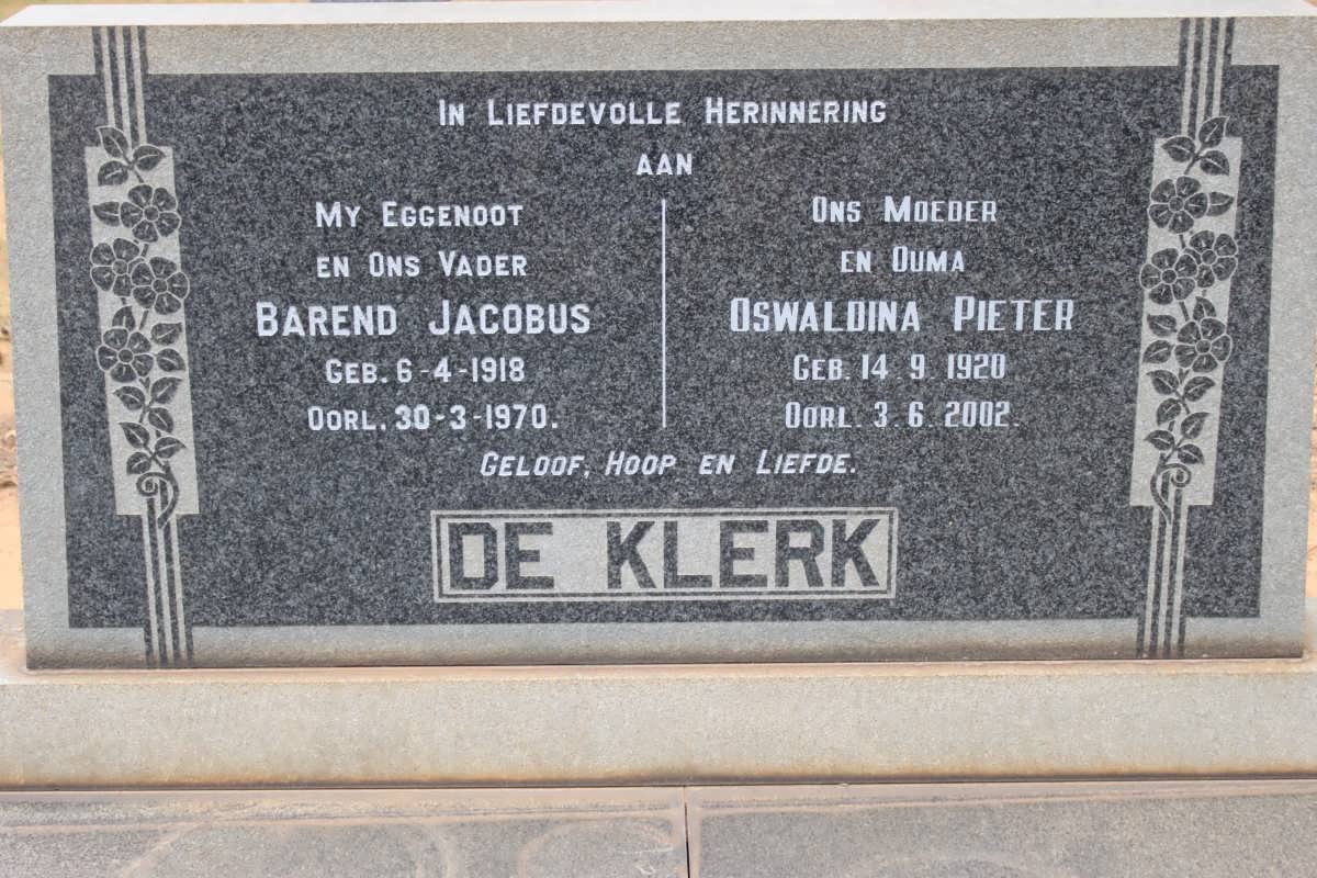 KLERK Barend Jacobus, de 1918-1970 &amp; Oswaldina Pieter 1920-2002