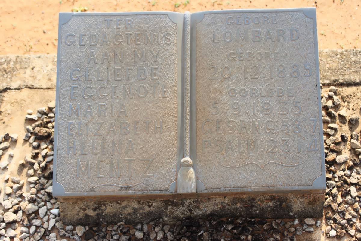 MENTZ Maria Elizabeth Helena nee LOMBARD 1885-1935